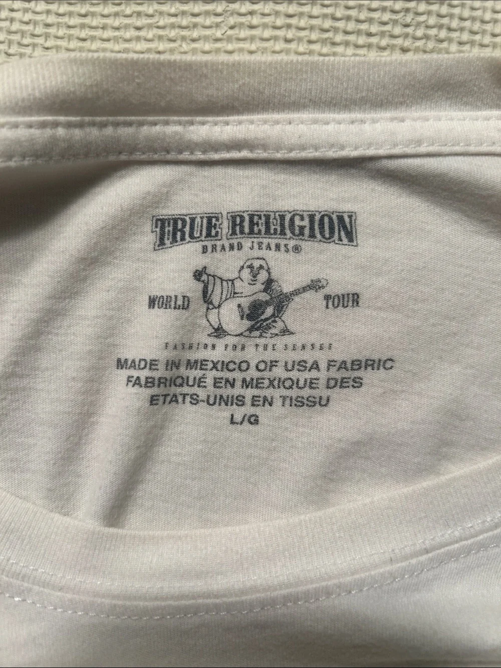 True Religion Cream Long Sleeve Tee with Navy Graphic Logo
